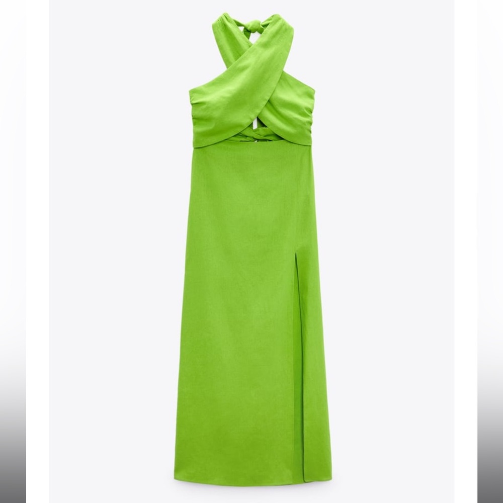 Zara Lime Green Cross-Front Halter Midi Dress